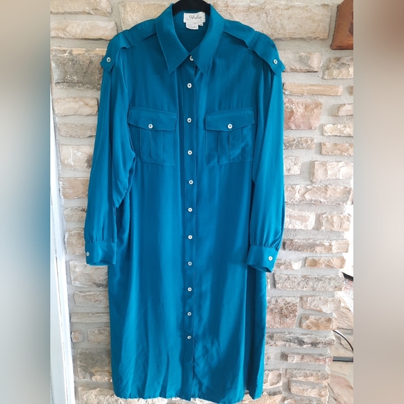 Ambria Dresses & Skirts - Vintage Ambria 100% Silk Shirt Dress Button Down Long-Sleeve Teal Blue Sz 16